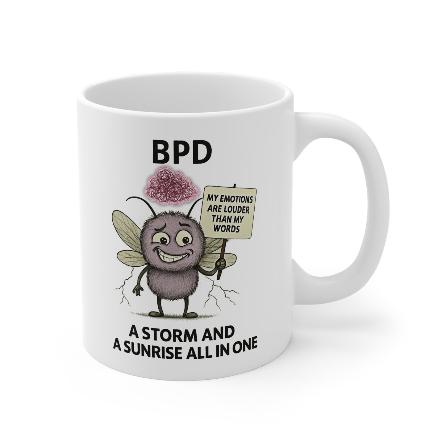 Tempest BPD awareness cartoon mosquito on mug – Mental Health Musings merch