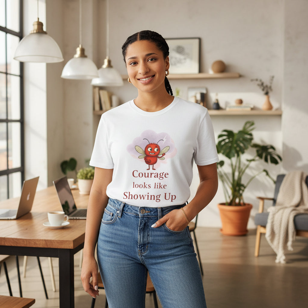 Person wearing a white t-shirt with a storm mosquito graphic and quote text in office