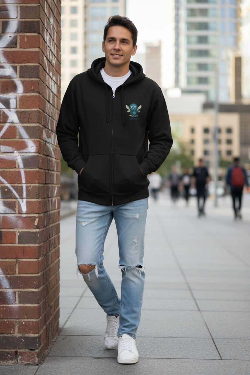 person wearing a Stormy character black hoodie