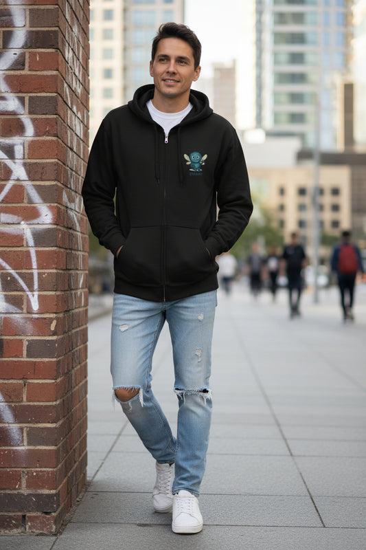 person wearing a Stormy character black hoodie
