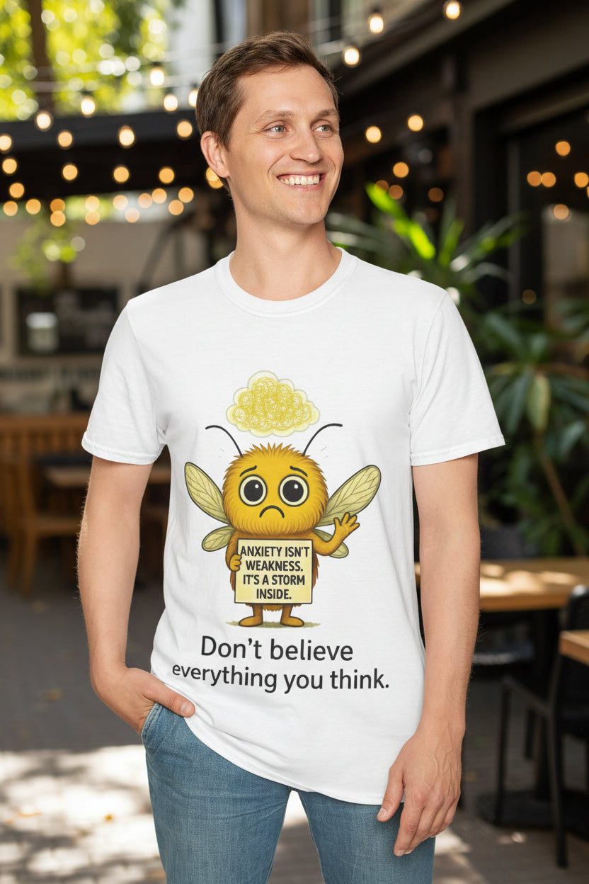 person wearing a unisex tshirt with a graphic design by storm mosquitos apparel of the character Nelly who represents anxiety awareness