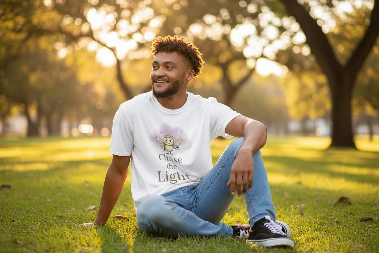 model sitting in a park wearing a graphic design shirt with the character felix and inspirational quote 'chase the light'