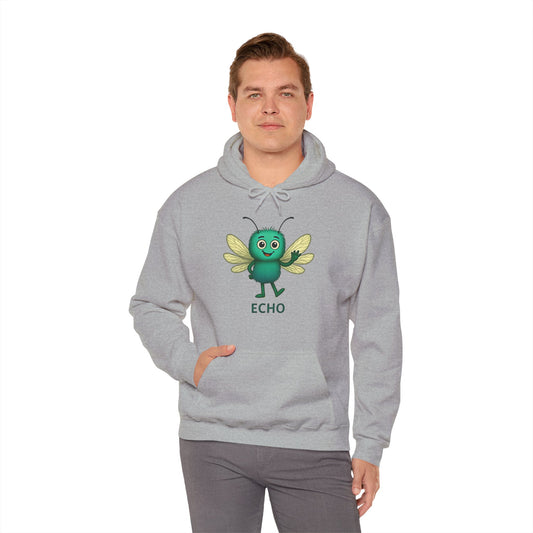 model wearing  hoodie with a cartoon character and 'ECHO'from Storm Mosquitos Apparel - grey front