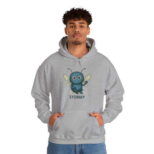 model wearing hoodie with a cartoon character and 'STORMY' from Storm Mosquitos Apparel -- grey front