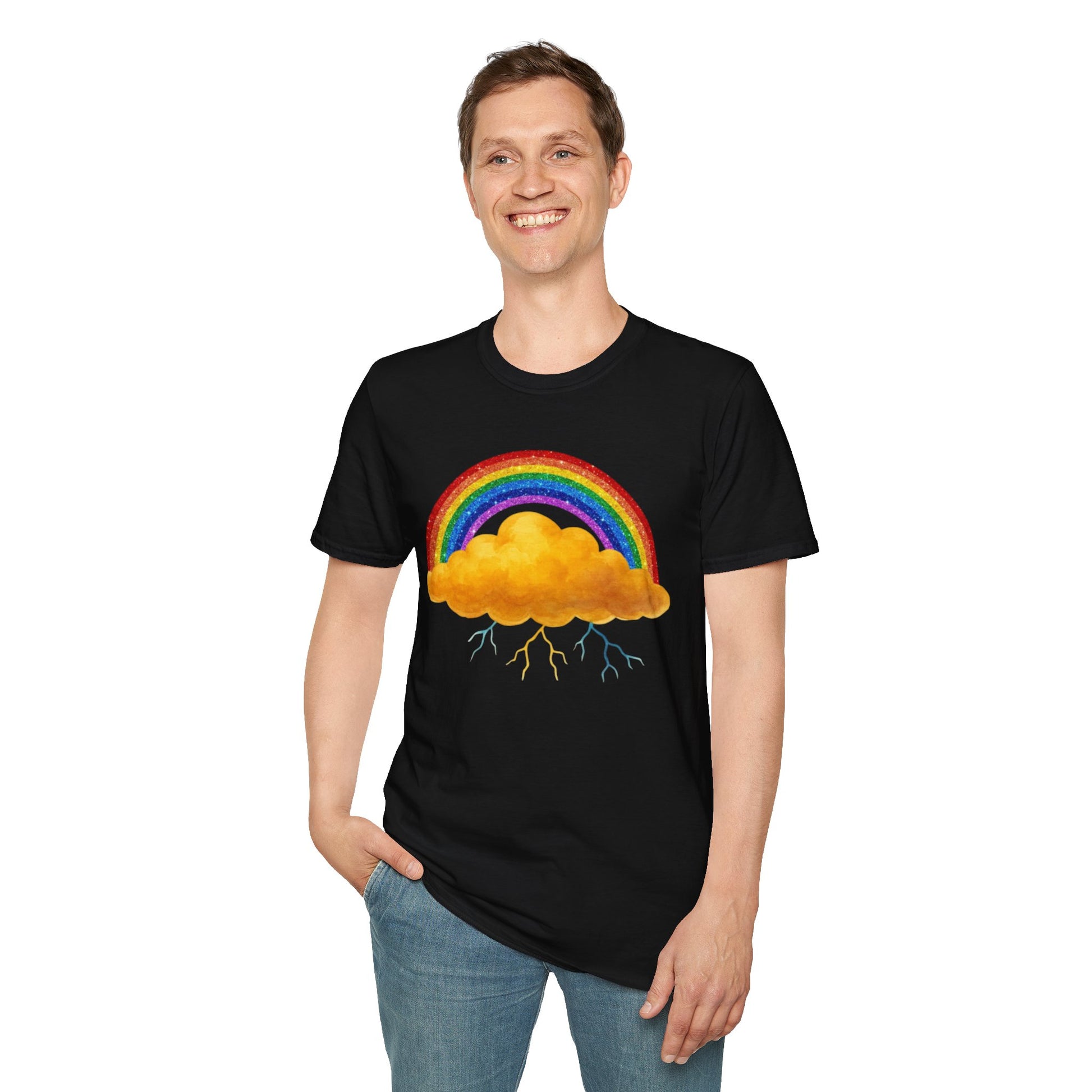 Person wearing a black t-shirt with a colorful Nelly cloud and rainbow design on a white background
