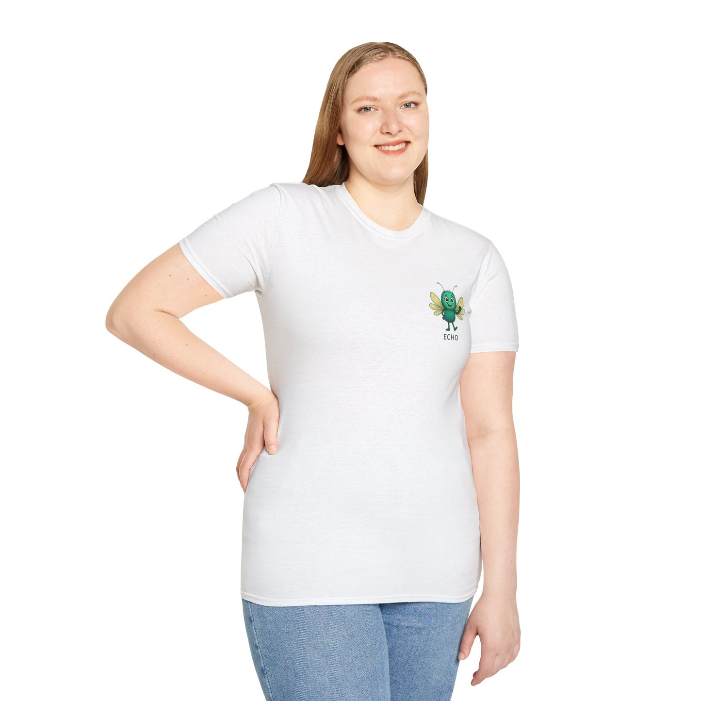Woman wearing a white t-shirt with a Storm Mosquitos Charcter named Echo logo on a white background