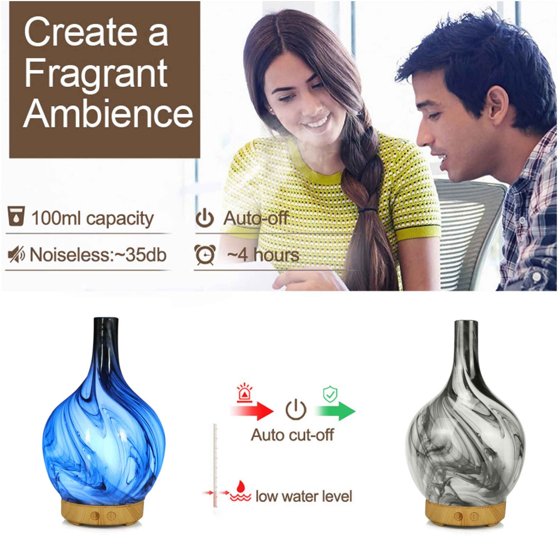 Advertisement for a diffuser with two people looking at a tablet, diffuser models, and features listed.