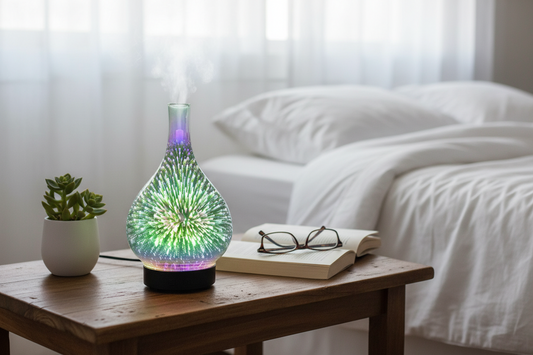Essentail oil aroma diffuser 3d fireworks aromatherapy on a bedside table