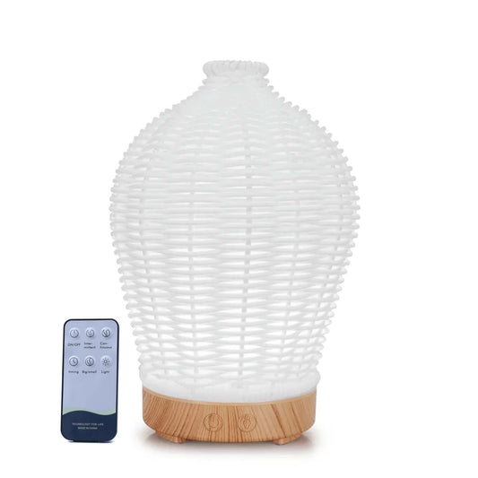 White rattan ultrasonic aroma diffuser with remote control and soft LED mist light