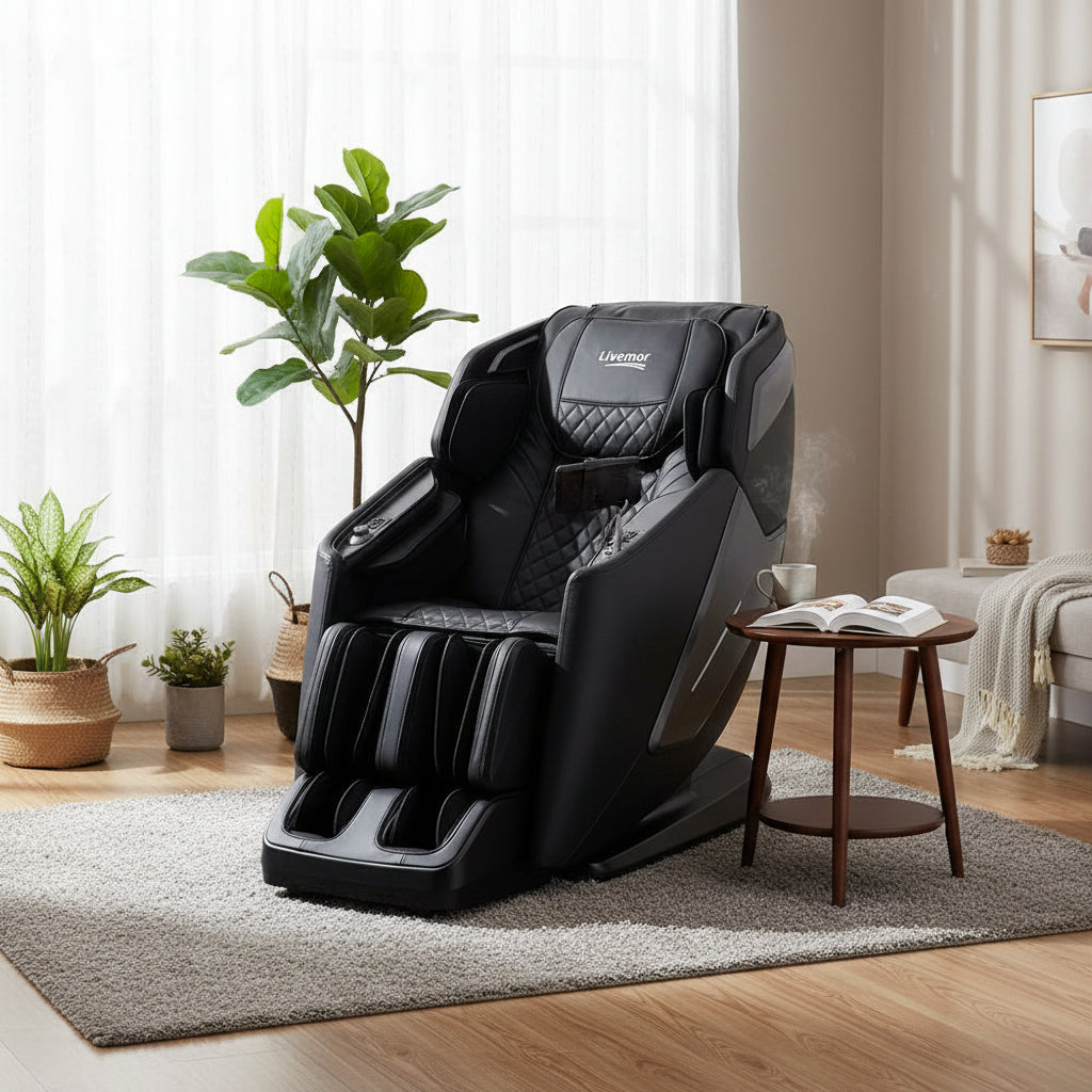Black massage chair with 'Livemor' branding in a lounge room with plants and a side table
