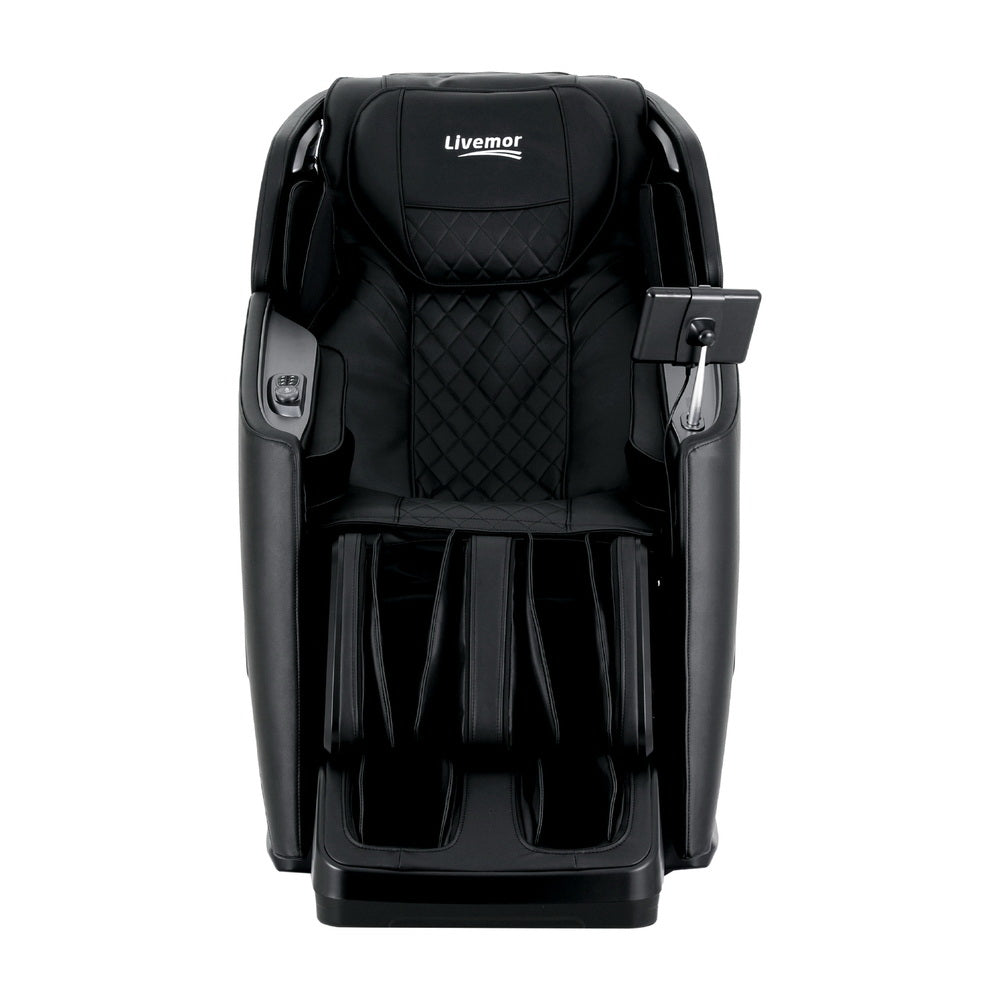 Black massage chair with quilted design on a white background