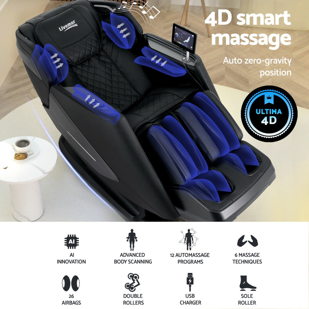 4D smart massage chair with highlighted massage rollers on a wooden floor.