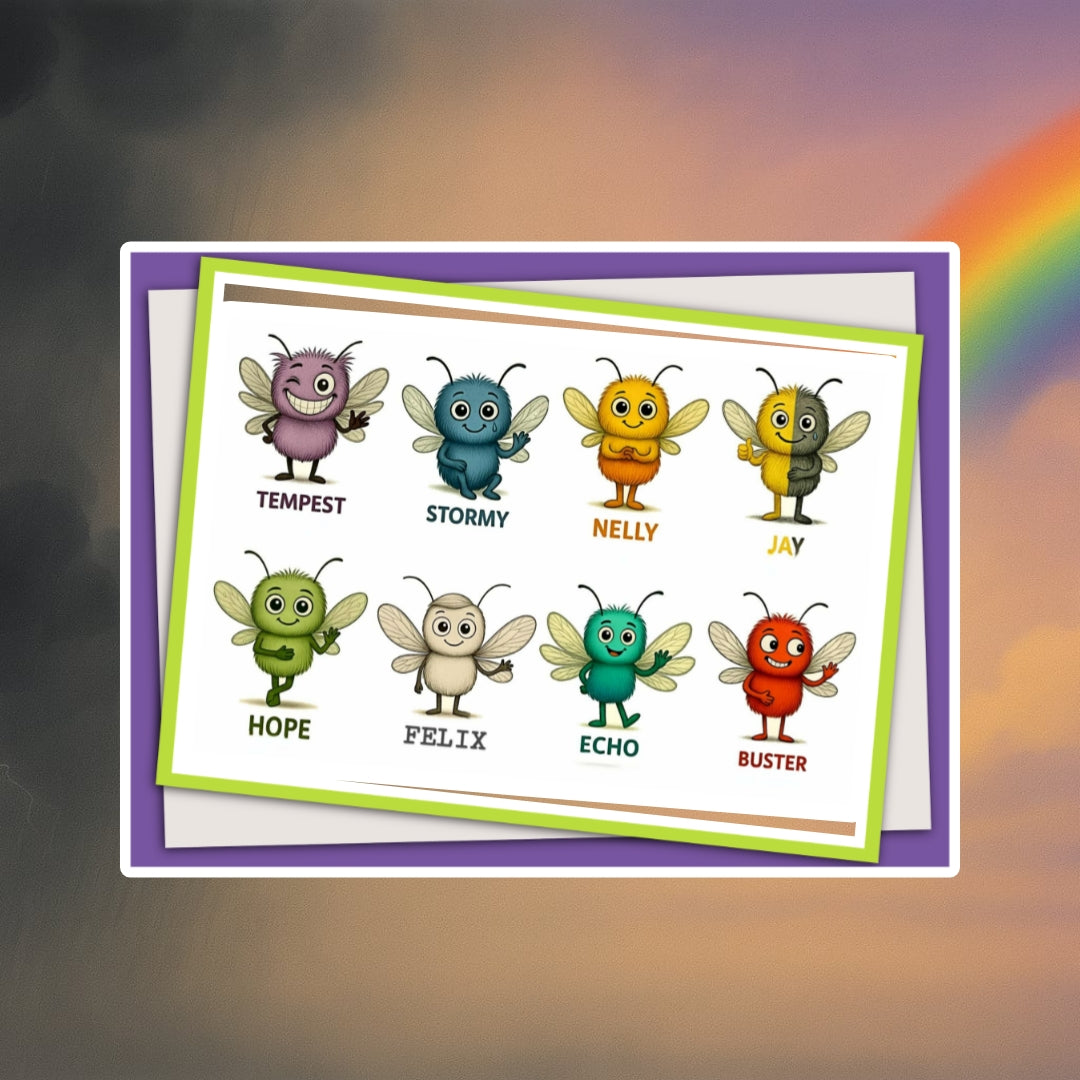 Card withStorm Mosquitos characters and their names against a colourful background