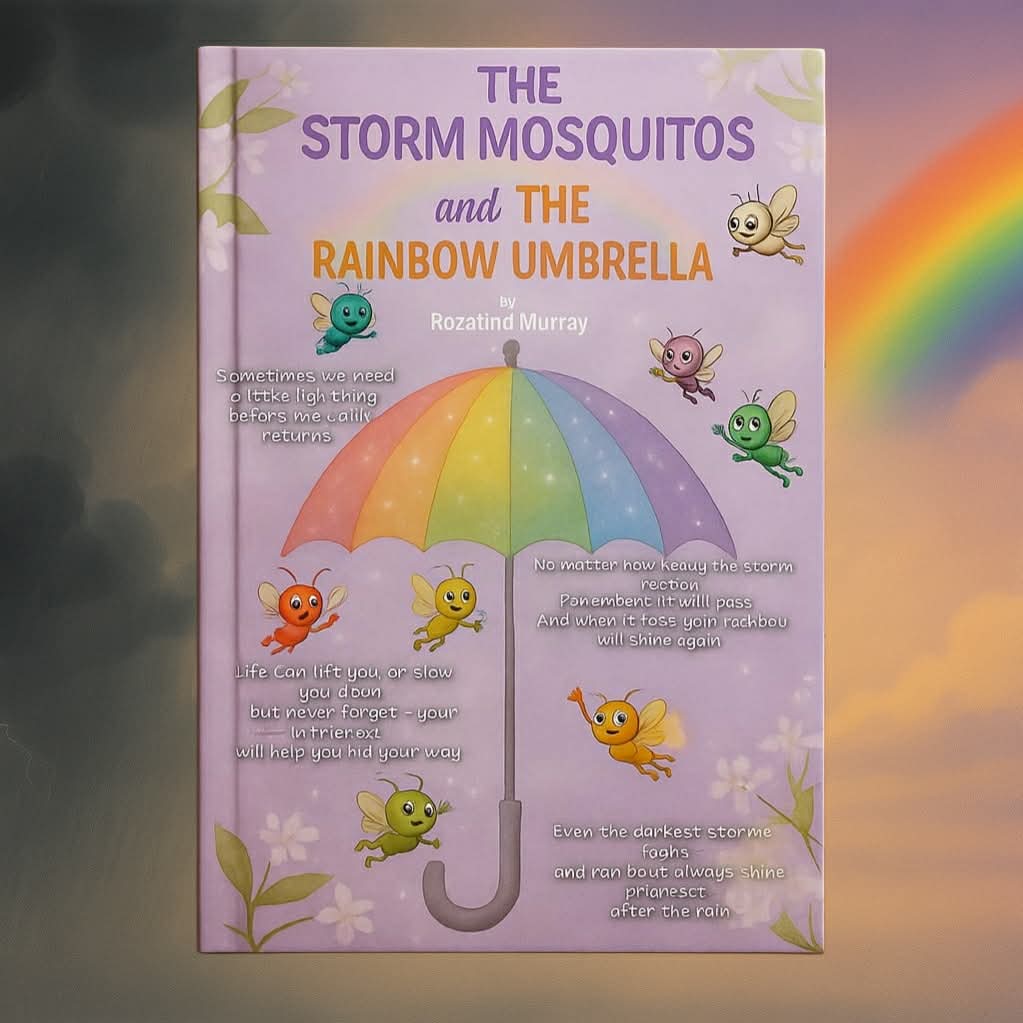 Book cover of 'The Storm Mosquitos and The Rainbow Umbrella' with colorful design and text.