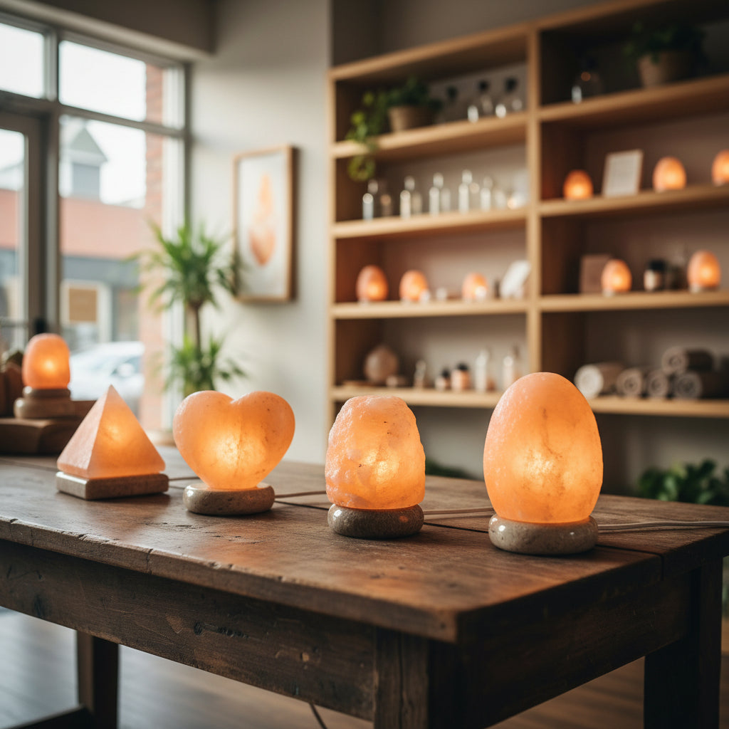 Set of 4 small Himalayan salt lamps with different shapes on a table inside a shop background
