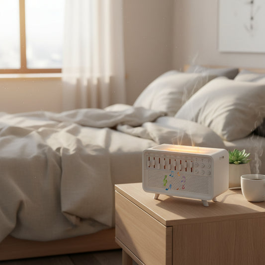 White radio diffuser with colourful musical notes in a bedroom on a bedside table