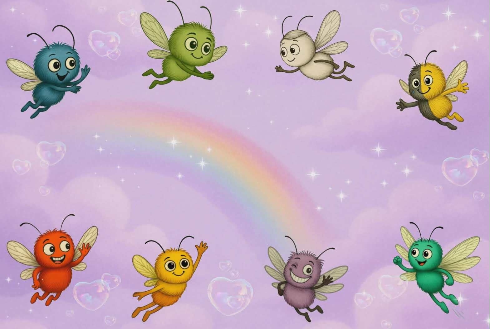 Colorful cartoon Storm Mosquito characters flying around a rainbow on a purple background with hearts.